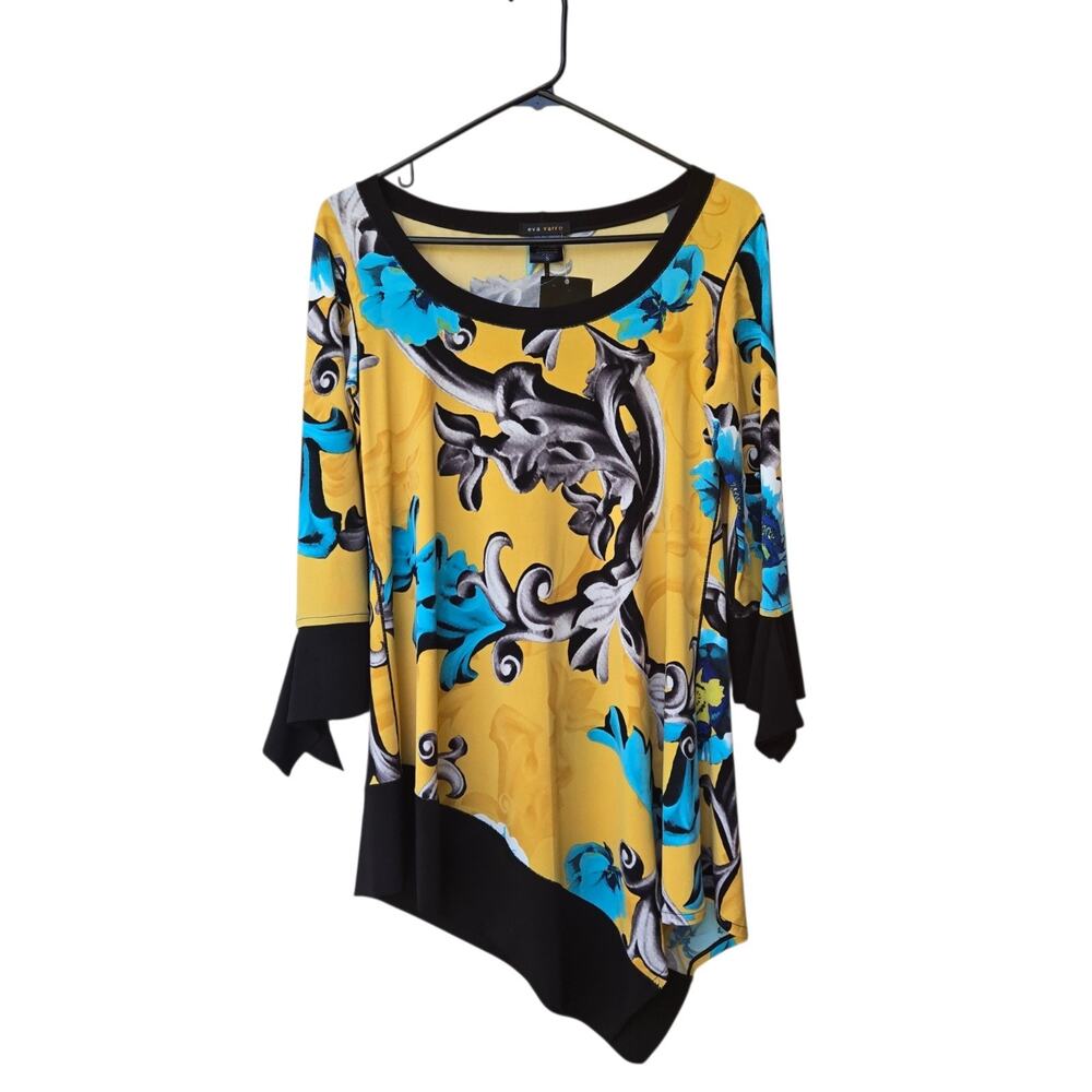 Eva‎ Varro Tunic Top Women Size S Artsy Stretch Asymmetrical Floral Colorful